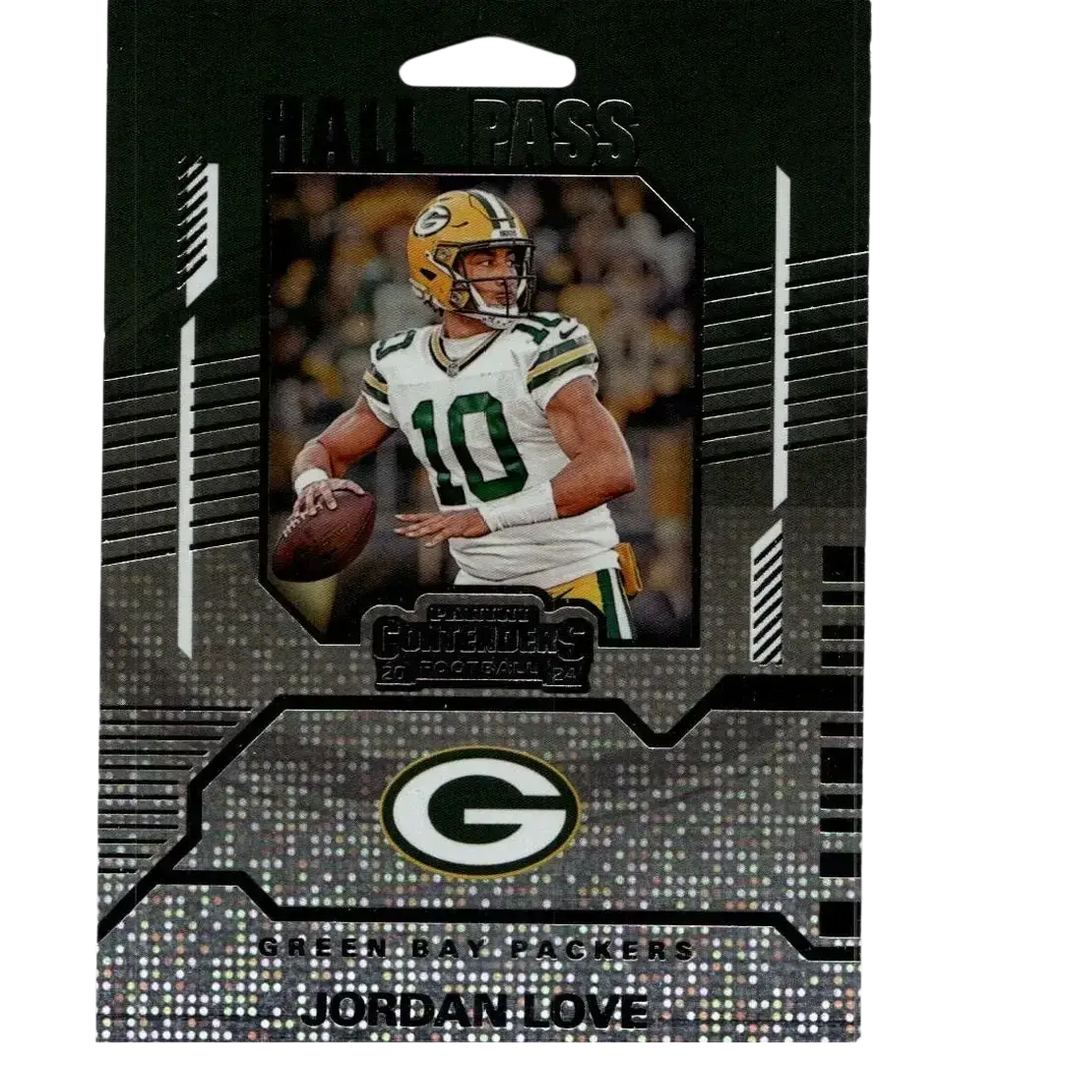 Green bay packers panini contenders 2024 jordan love hall pass football trading card in holographic black and silver sleeve
