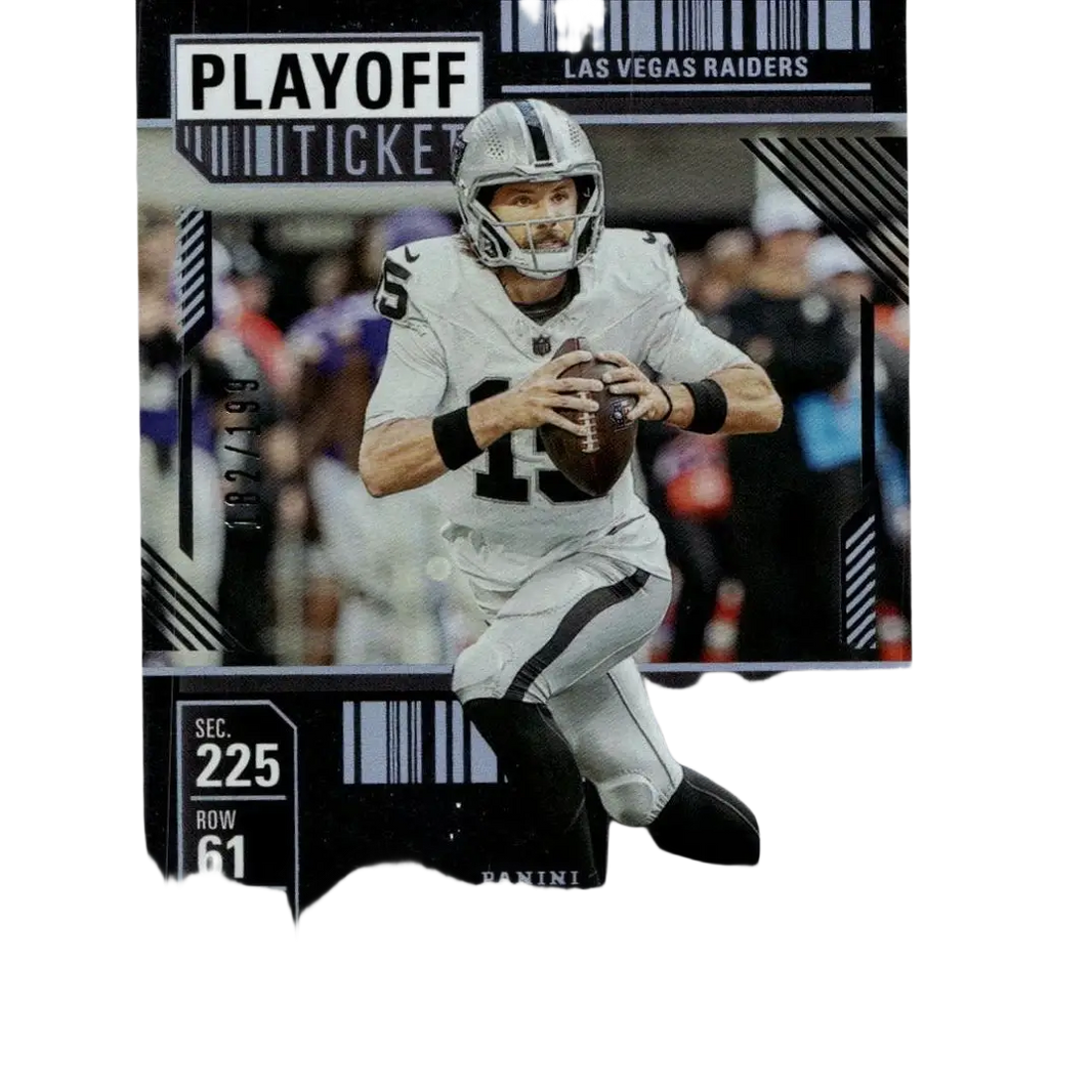 Silver and black las vegas raiders playoff ticket-themed 2024 panini contenders #53 football trading card featuring gardner minshew ii