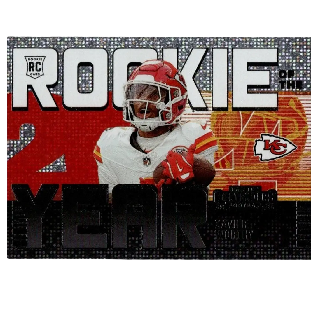Red and white 2024 panini contenders #6 xavier worthy rookie of the year football trading card year contenders