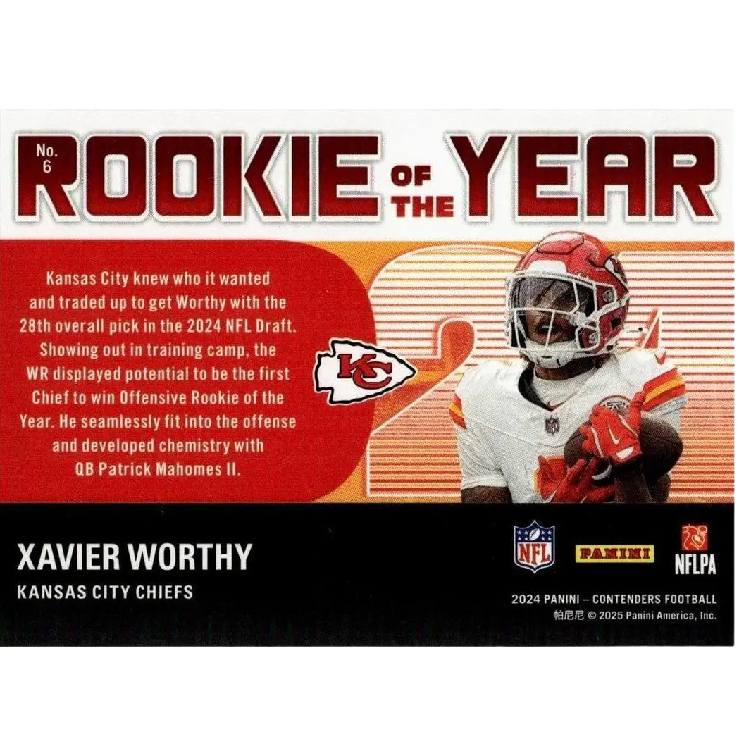 Red and white 2024 Panini Contenders #6 Xavier Worthy rookie of the year contenders football trading card
