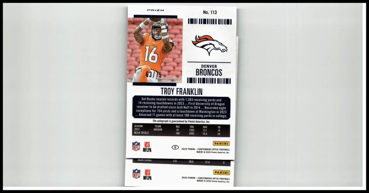 Orange and black panini contenders optic football trading card featuring troy franklin blue numbered 63 of 75