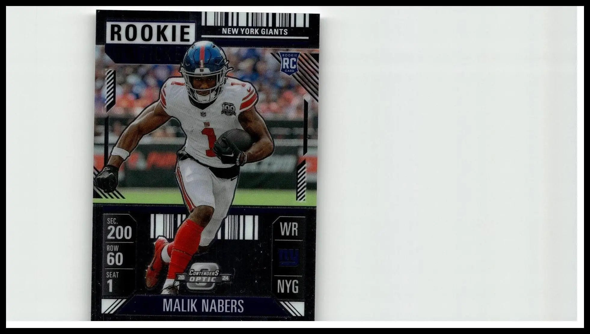 New york giants rookie football trading card of malik nabers in white jersey holding ball 2024 panini contenders optic