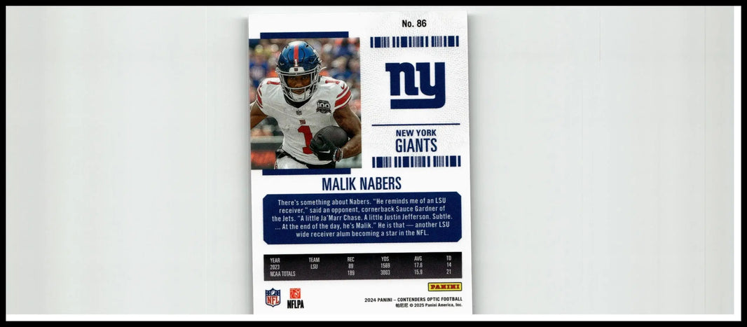 New york giants football trading card 2024 panini contenders optic #86 malik nabers in white jersey holding ball