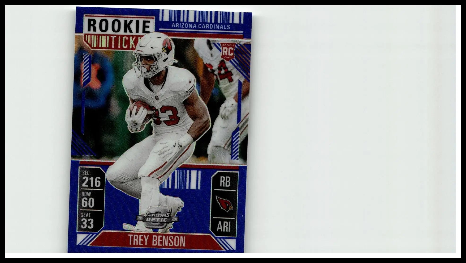 Arizona cardinals rookie card panini contenders optic trey benson blue #96 featuring number 23 in white uniform