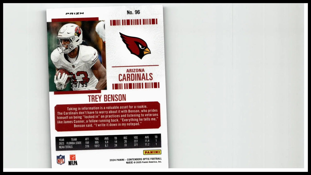 Arizona cardinals football trading card featuring trey benson in white uniform with red accents 2024 panini contenders optic blue numbered 96 of 99