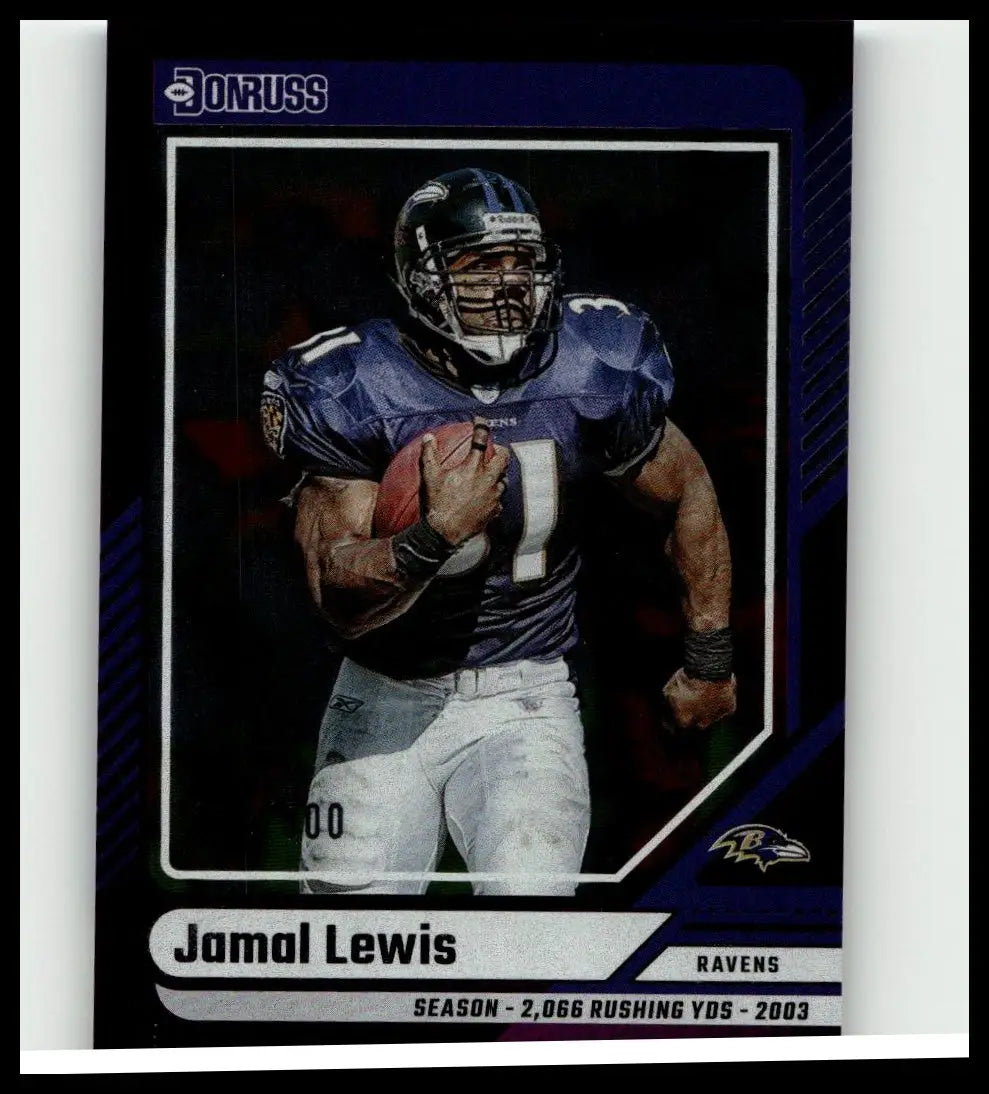 Blue and white 2024 panini donruss jamal lewis football trading card featuring ravens uniform action toy figure