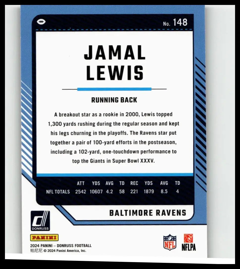 Blue and black 2024 Panini Donruss Jamal Lewis football trading card #148 featuring action and toy figures collectible