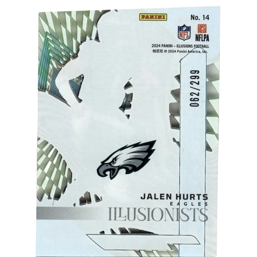 2024 panini illusions #14 jalen hurts illusionists light blue football card with silver and black eagle logo on white background