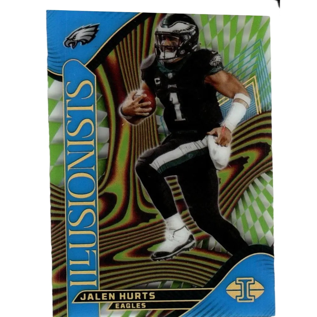 A vibrant holographic 2024 panini illusions jalen hurts illusionists light blue trading card numbered 14 of 299