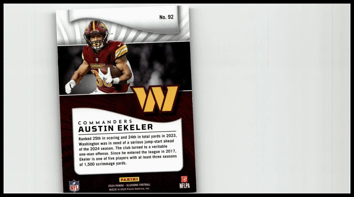 Maroon and gold 2024 panini illusions #92 austin ekeler blue trophy football trading card in washington commanders uniform