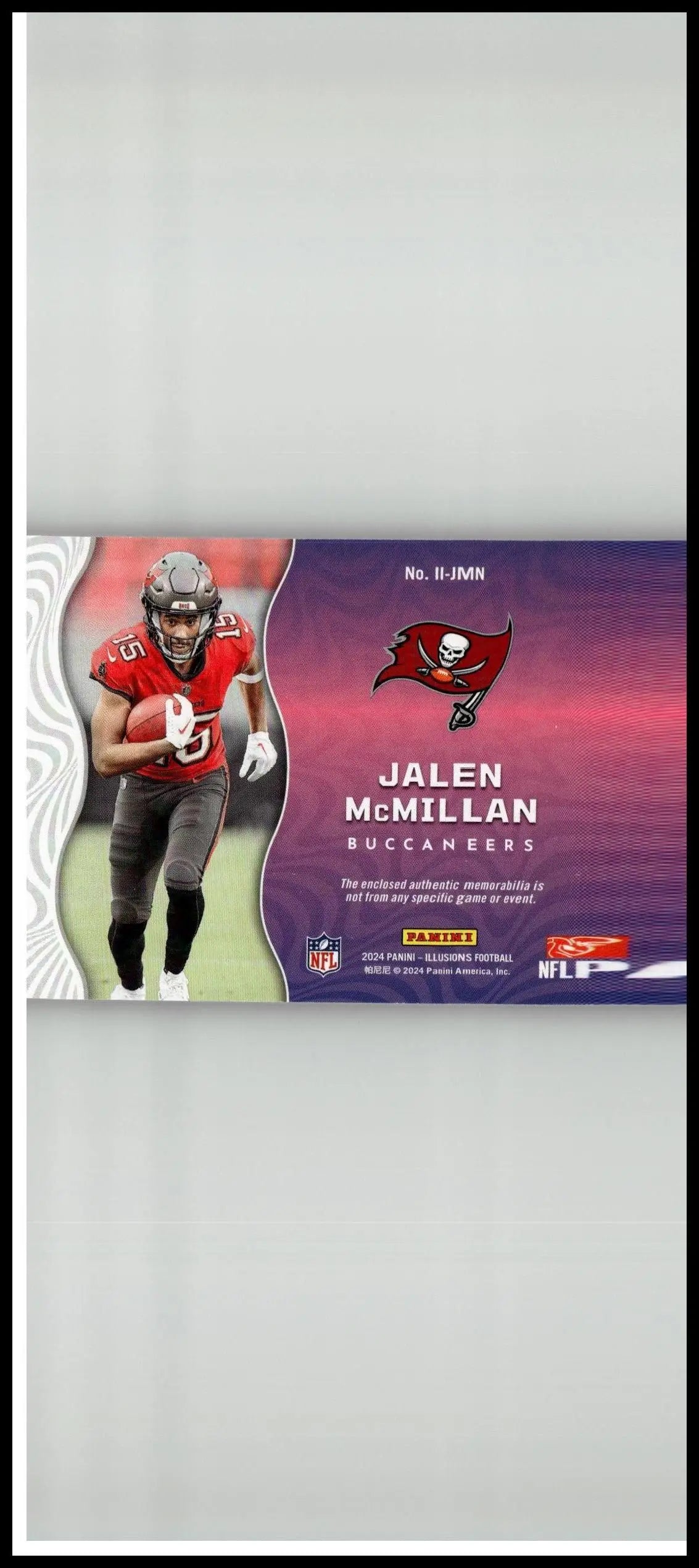 A purple and red 2024 panini illusions jalen mcmillan football trading card featuring mcmillan instant impact