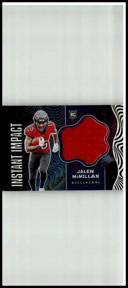 Red fabric patch with black border featuring jalen mcmillan buccaneers name from 2024 panini illusions instant impact