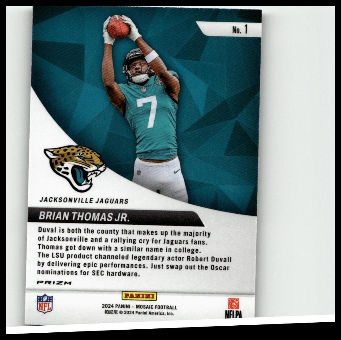 This is a 2024 panini mosaic football trading card featuring jacksonville jaguars player brian thomas jr.