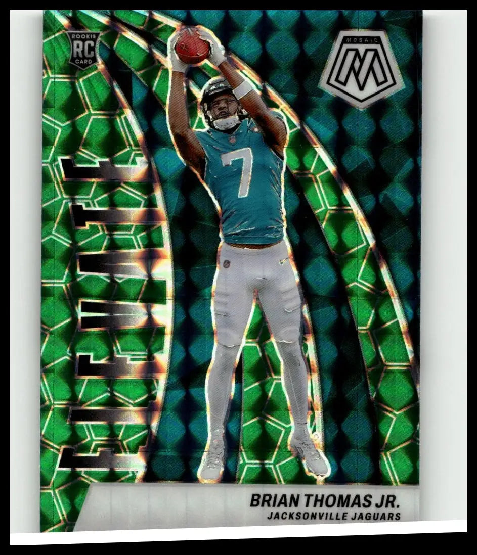 Green and teal mosaic-patterned panini mosaic football trading card featuring brian thomas jr from elevate mosaic green series