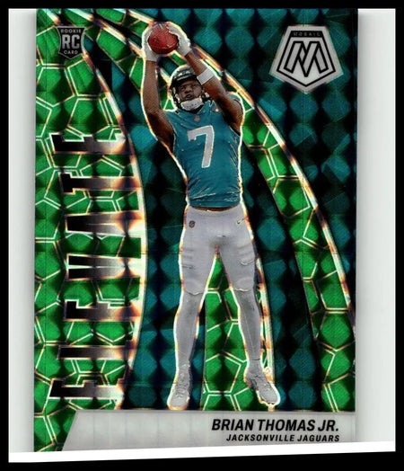 Green and teal mosaic-patterned panini mosaic football trading card featuring brian thomas jr from elevate mosaic green series