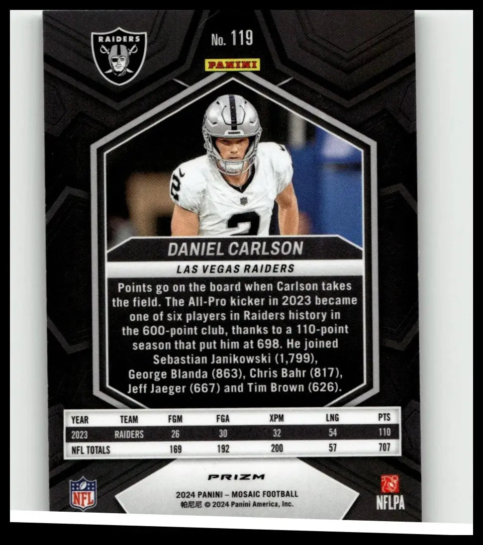 Black and silver hexagonal-bordered 2024 panini mosaic daniel carlson mosaic green football trading card in raiders white jersey