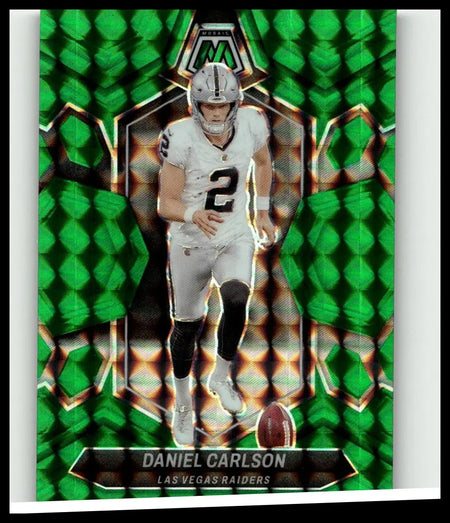 Green and black holographic daniel carlson mosaic football trading card featuring carlson in white raiders jersey number 2