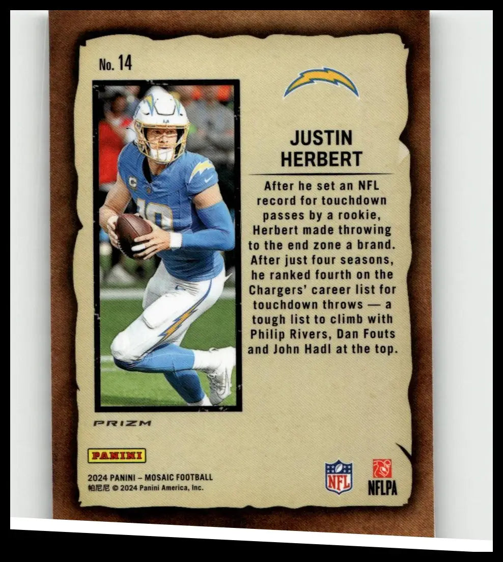 Beige textured 2024 panini mosaic justin herbert notoriety mosaic football trading card featuring chargers uniform