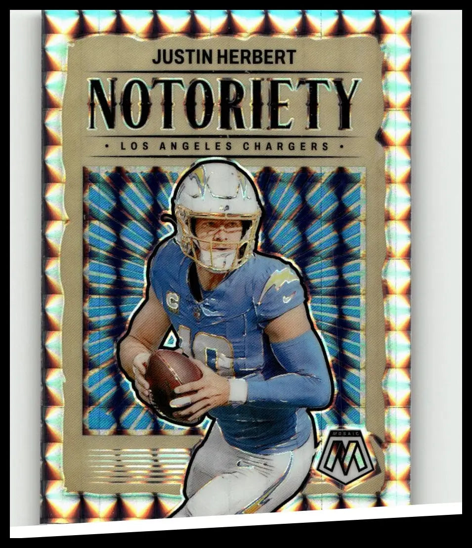 2024 panini mosaic #14 justin herbert notoriety mosaic football trading card with blue and gold holographic border