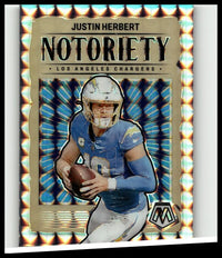 2024 panini mosaic #14 justin herbert notoriety mosaic football trading card with blue and gold holographic border