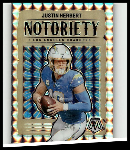 2024 panini mosaic #14 justin herbert notoriety mosaic football trading card with blue and gold holographic border