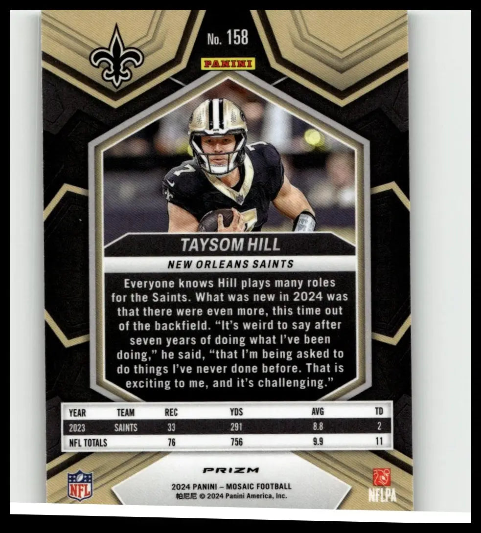 Black and gold hexagonal football trading card featuring taysom hill in new orleans saints uniform 2024 panini mosaic 158 hill mosaic green