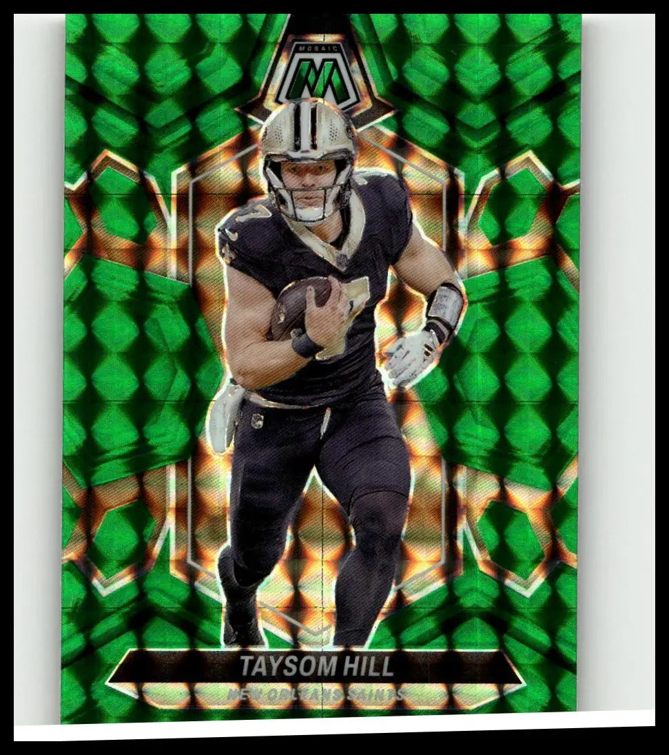 Green and gold holographic 2024 panini mosaic taysom hill mosaic football trading card in saints black uniform