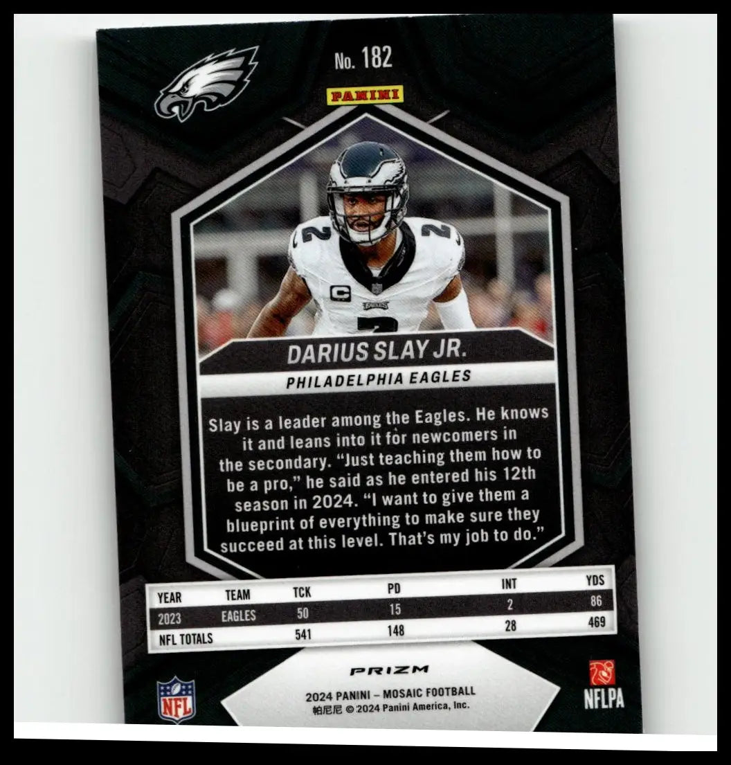Black and silver philadelphia eagles football trading card featuring darius slay jr from 2024 panini mosaic series