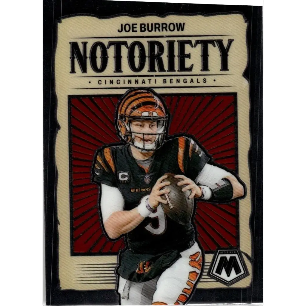 2024 panini mosaic #2 joe burrow notoriety mosaic football trading card featuring burrow in black and orange uniform holding football