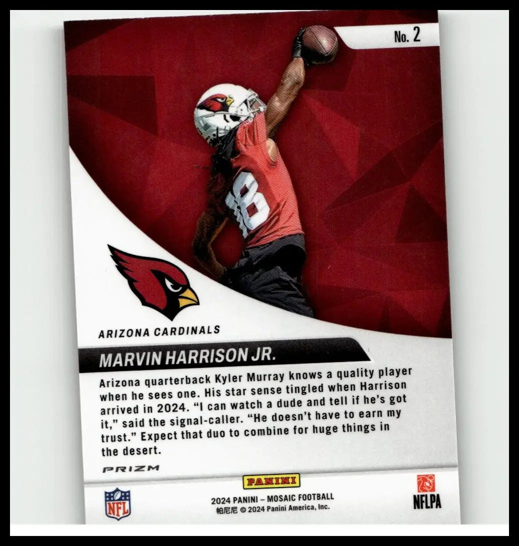 Arizona cardinals football trading card featuring marvin harrison jr from 2024 panini mosaic series elevated design