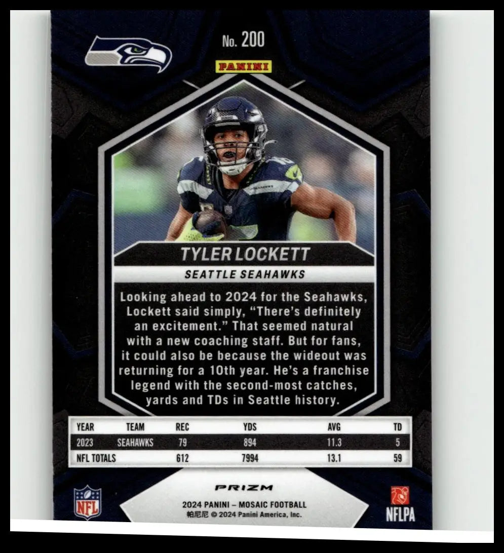 Dark blue and black hexagonal-bordered 2024 panini mosaic football card featuring tyler lockett mosaic green
