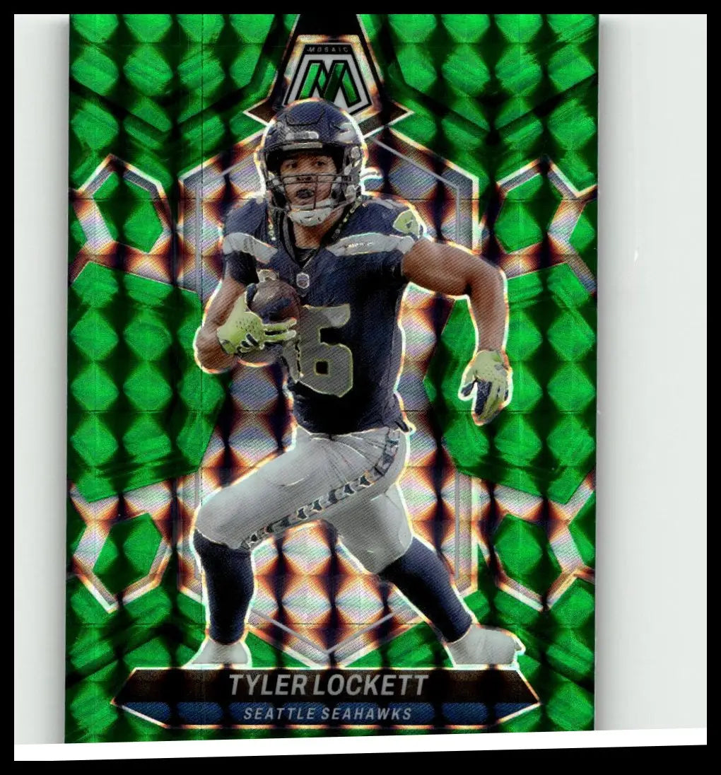 A vibrant green holographic 2024 Panini Mosaic #200 tyler lockett football trading card featuring lockett mosaic green