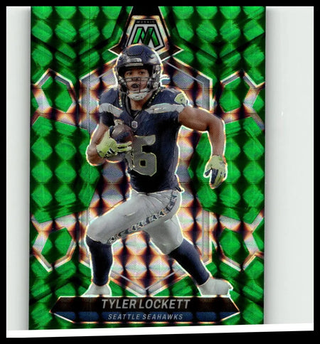 A vibrant green holographic 2024 Panini Mosaic #200 tyler lockett football trading card featuring lockett mosaic green