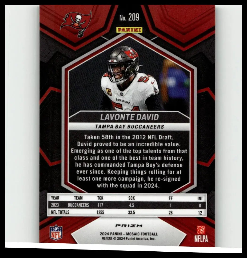 Red and black hexagonal-bordered 2024 panini mosaic #209 lavonte david mosaic green football trading card in white jersey