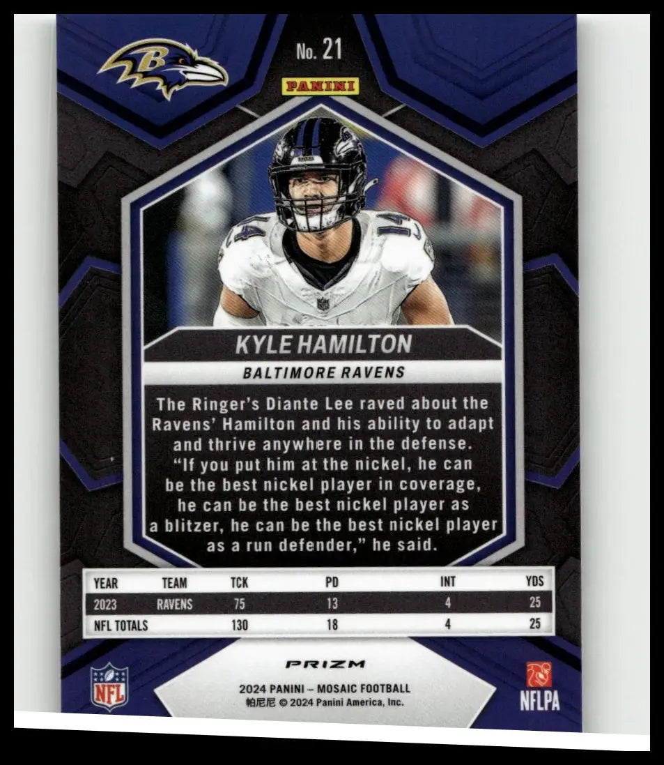 2024 panini mosaic #21 kyle hamilton football trading card with glossy finish and blue black geometric design