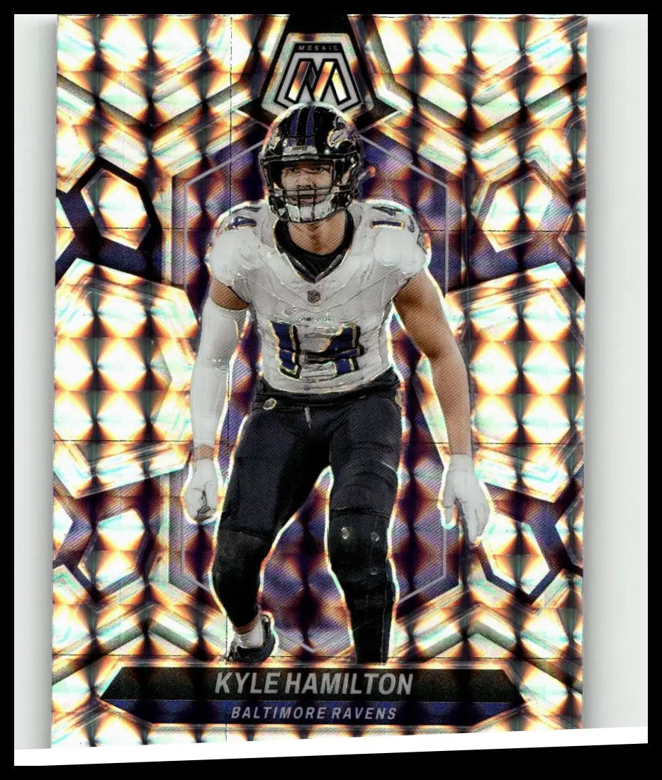 2024 panini mosaic #21 kyle hamilton mosaic trading card featuring kyle hamilton in a white jersey on a geometric background