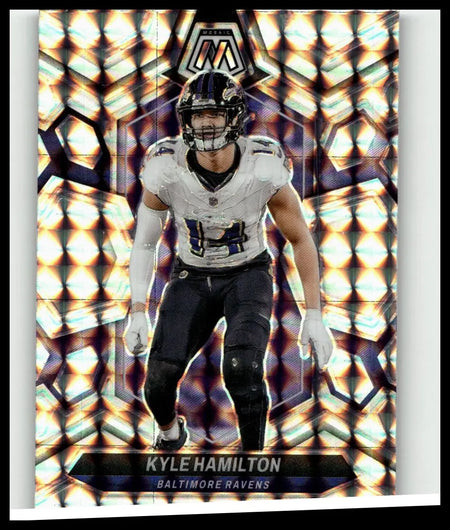 2024 panini mosaic #21 kyle hamilton mosaic trading card featuring kyle hamilton in a white jersey on a geometric background