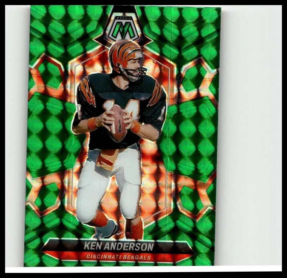 Green and orange holographic 2024 panini mosaic ken anderson football trading card featuring anderson mosaic green design