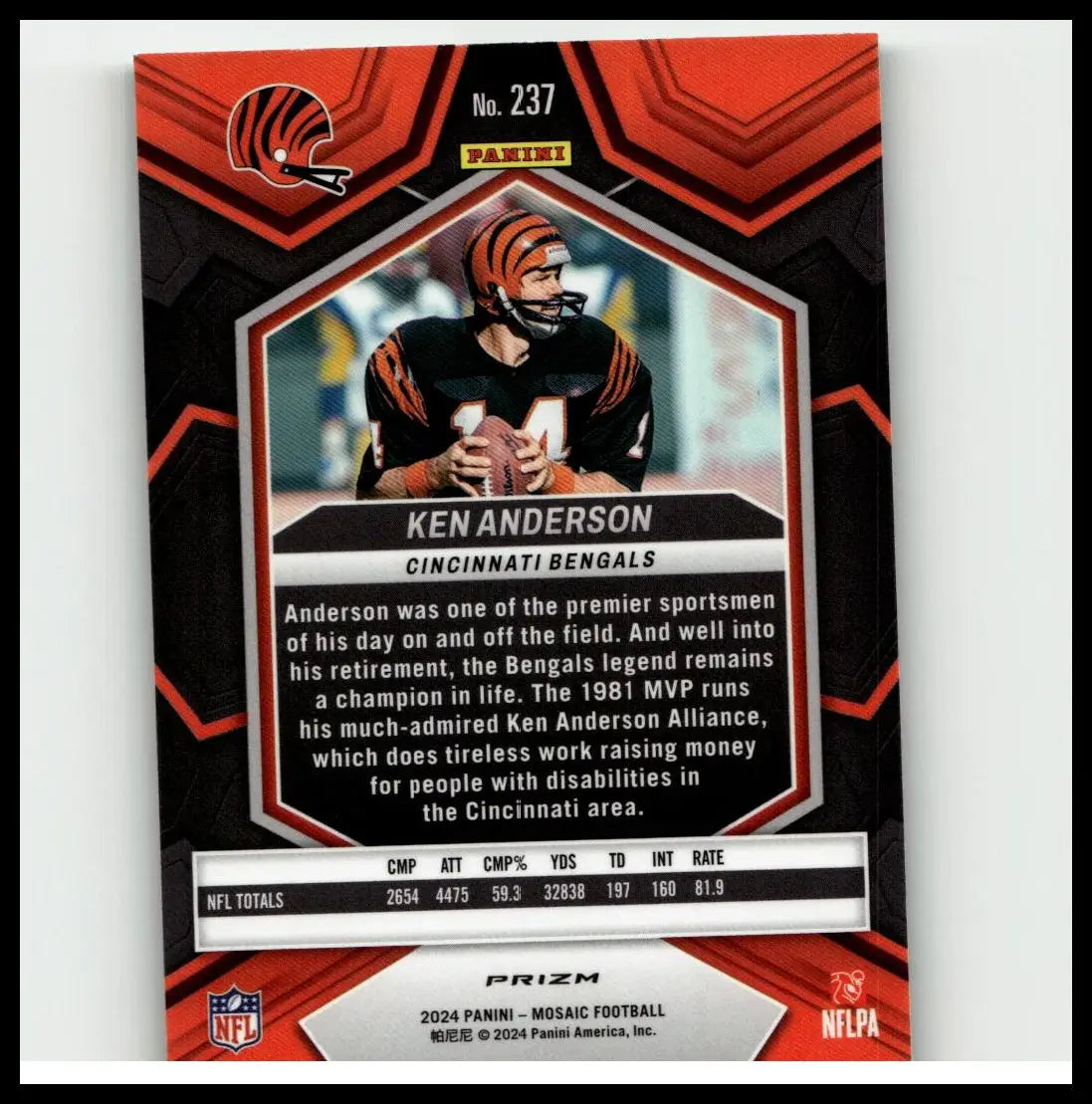 Red and black 2024 panini mosaic ken anderson mosaic green football trading card featuring cincinnati bengals player