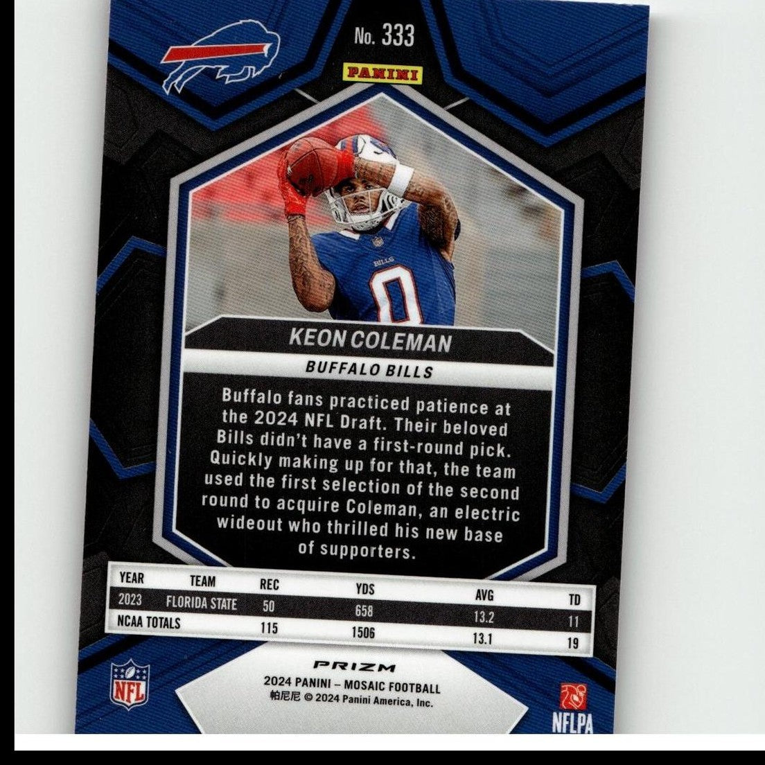 Blue and black hexagonal football trading card featuring keon coleman of the buffalo bills.