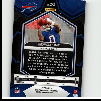 Blue and black hexagonal football trading card featuring keon coleman of the buffalo bills.