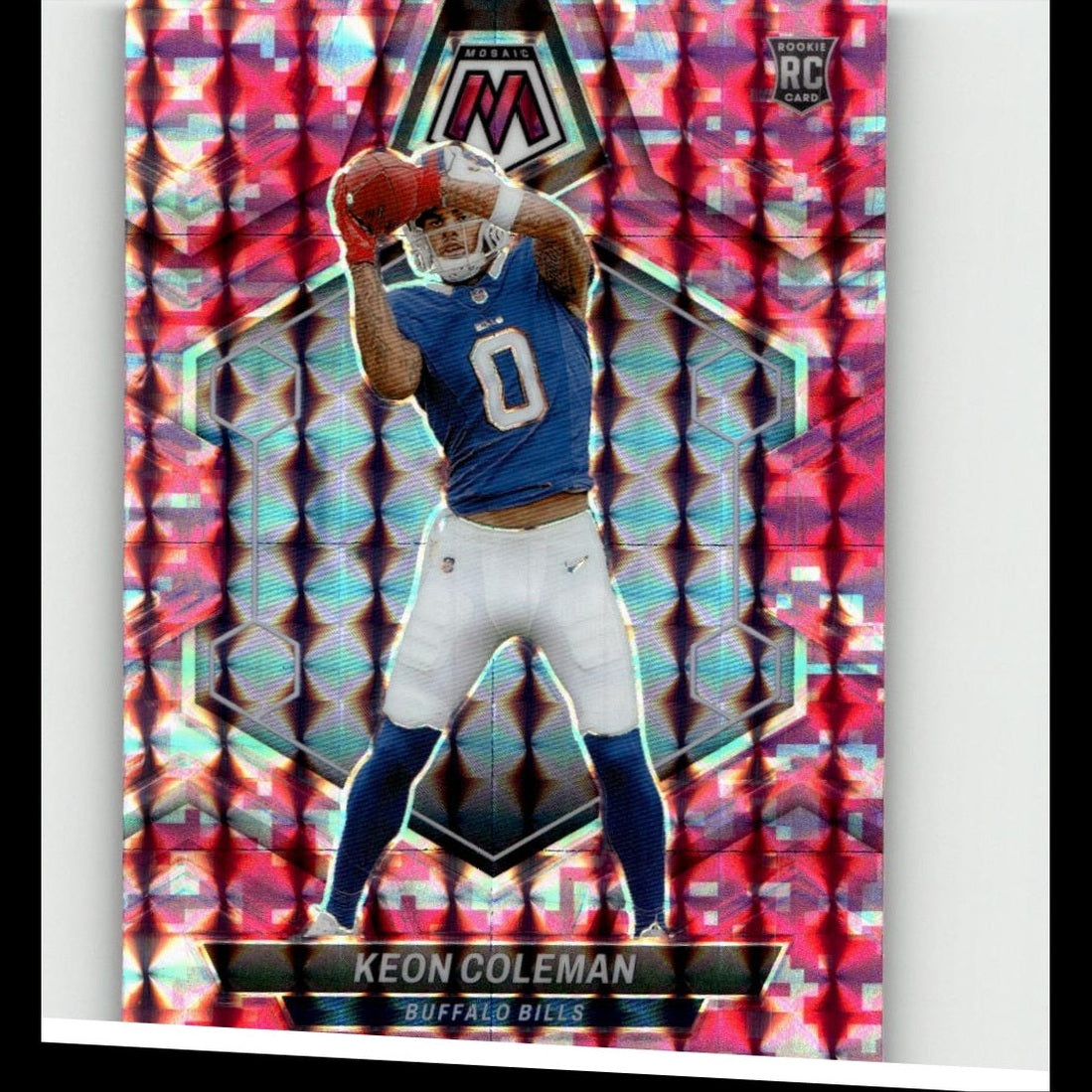 A vibrant pink and blue holographic football trading card featuring keon coleman in a buffalo bills uniform.