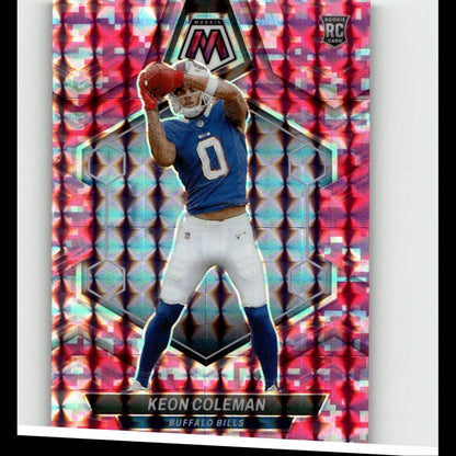 A vibrant pink and blue holographic football trading card featuring keon coleman in a buffalo bills uniform.
