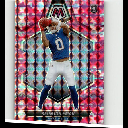 A vibrant pink and blue holographic football trading card featuring keon coleman in a buffalo bills uniform.