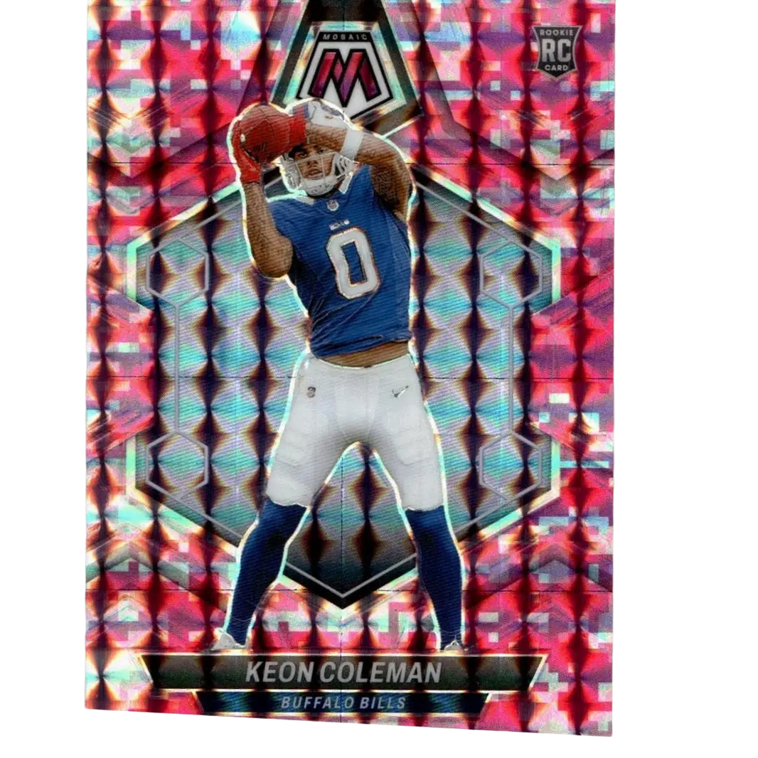 A vibrant pink and blue holographic football trading card featuring keon coleman in a buffalo bills uniform.
