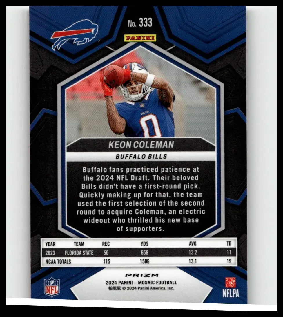 Blue and black buffalo bills football trading card featuring keon coleman mosaic pink jersey number 0 numbered 10 of 10