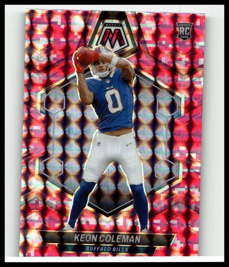 A vibrant red and silver holographic 2024 Panini Mosaic keon coleman mosaic pink football card numbered 10 of 10