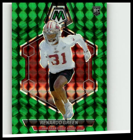 Green and red holographic 2024 panini mosaic rookie card featuring renardo green in white jersey number 31