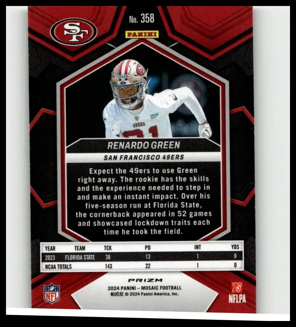 San francisco 49ers football card 2024 panini mosaic #358 featuring renardo green in white red and gold jersey with helmet