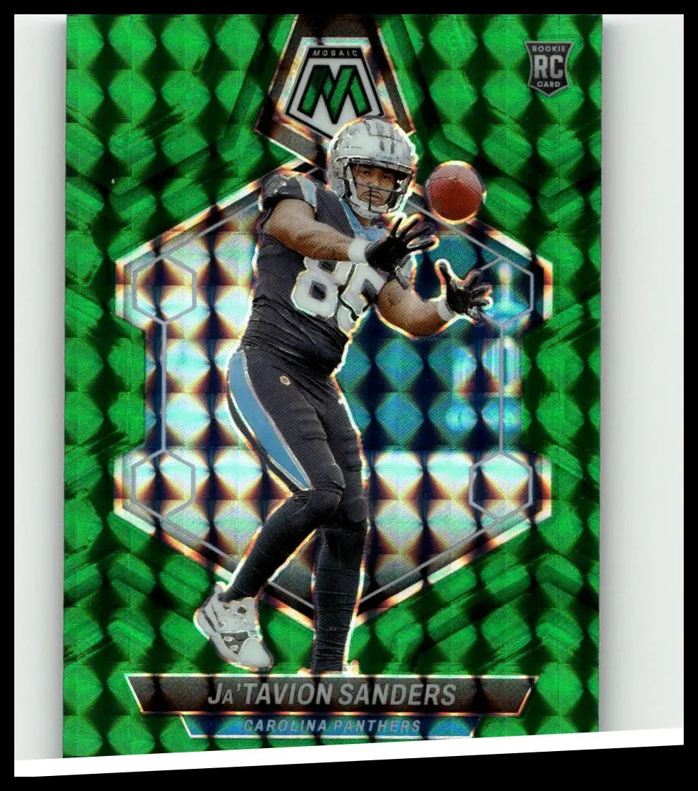 Green holographic rookie rc card of ja’tavion sanders in carolina panthers uniform from 2024 panini mosaic 377